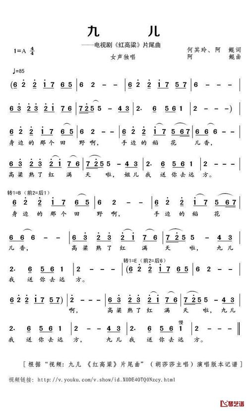 九儿简谱(歌词)_胡莎莎演唱_君羊制谱