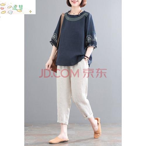 大码休闲套装洋气遮肉棉麻刺绣短袖t恤装流彗 藏青色上衣 麻色裤子 xl