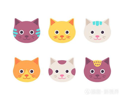 插画 猫脸. 矢量. 可爱的小猫头. 卡通快乐动物角色集.