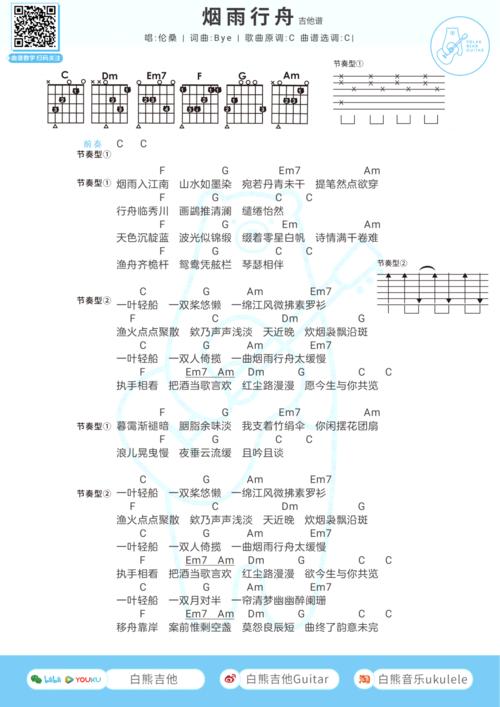 烟雨行舟吉他谱伦桑c调弹唱谱和弦图片谱