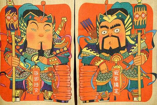 作于棉麻布上的门神   现在不但有普通版画的版本,还有卡通q版的门神