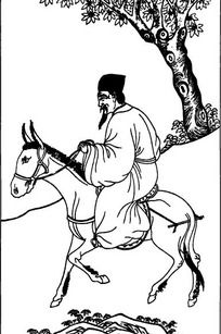 古代人物白描图-骑马的老人和树木