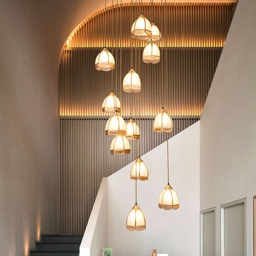 新中式全铜轻奢灯别墅楼梯间长吊灯复式楼中空吊灯楼梯灯客厅吊灯