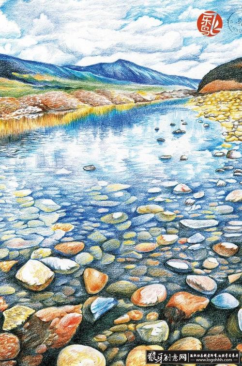 插画/手绘 小溪河流石子插画手绘作品 创意鹅卵石彩绘