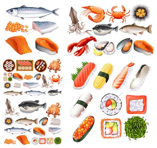 a1484矢量卡通风格日本寿司鱼子酱三文鱼刺身图案龙虾