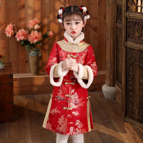 汉服女童冬装新年唐装拜年服女孩红色儿童过年宝宝衣服中国风加厚