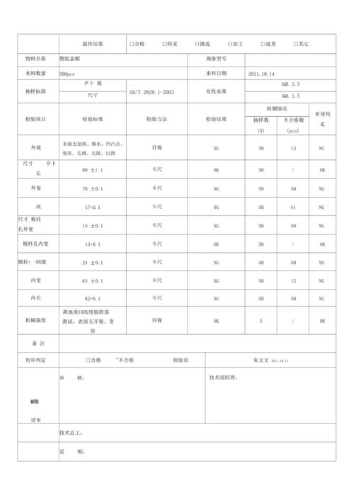 来料检验报告表格