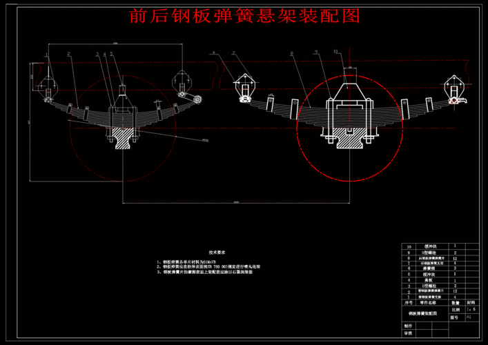 前后钢板弹簧悬架装配图