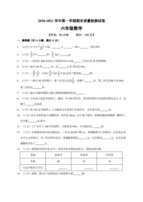 六年级数学上册期末考试试卷人教版含答案.doc