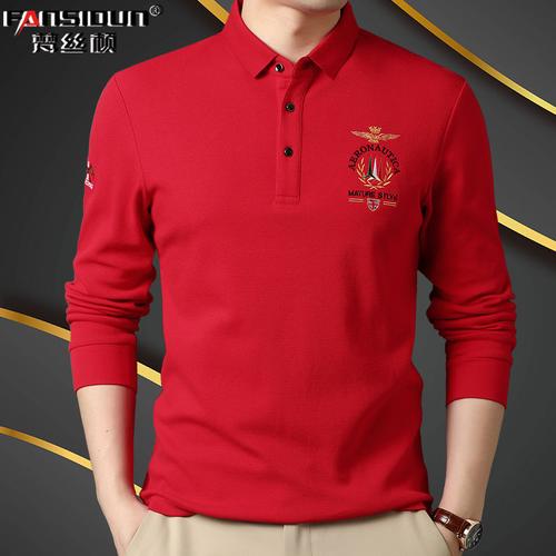 纯棉长袖t恤男2021新款带领春秋上衣大红色本命年喜庆衣服polo衫