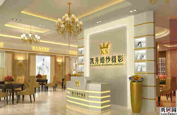 奢华韩式风格婚纱摄影影楼正对进门吧台形象背景墙装修效果图