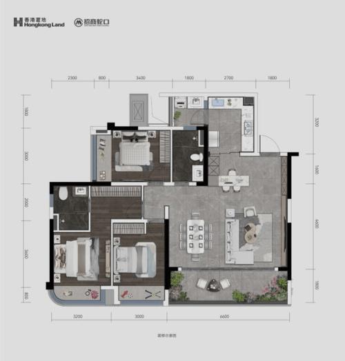 长嘉汇·朗峯b2户型,3室2厅2卫1厨,建面约132㎡