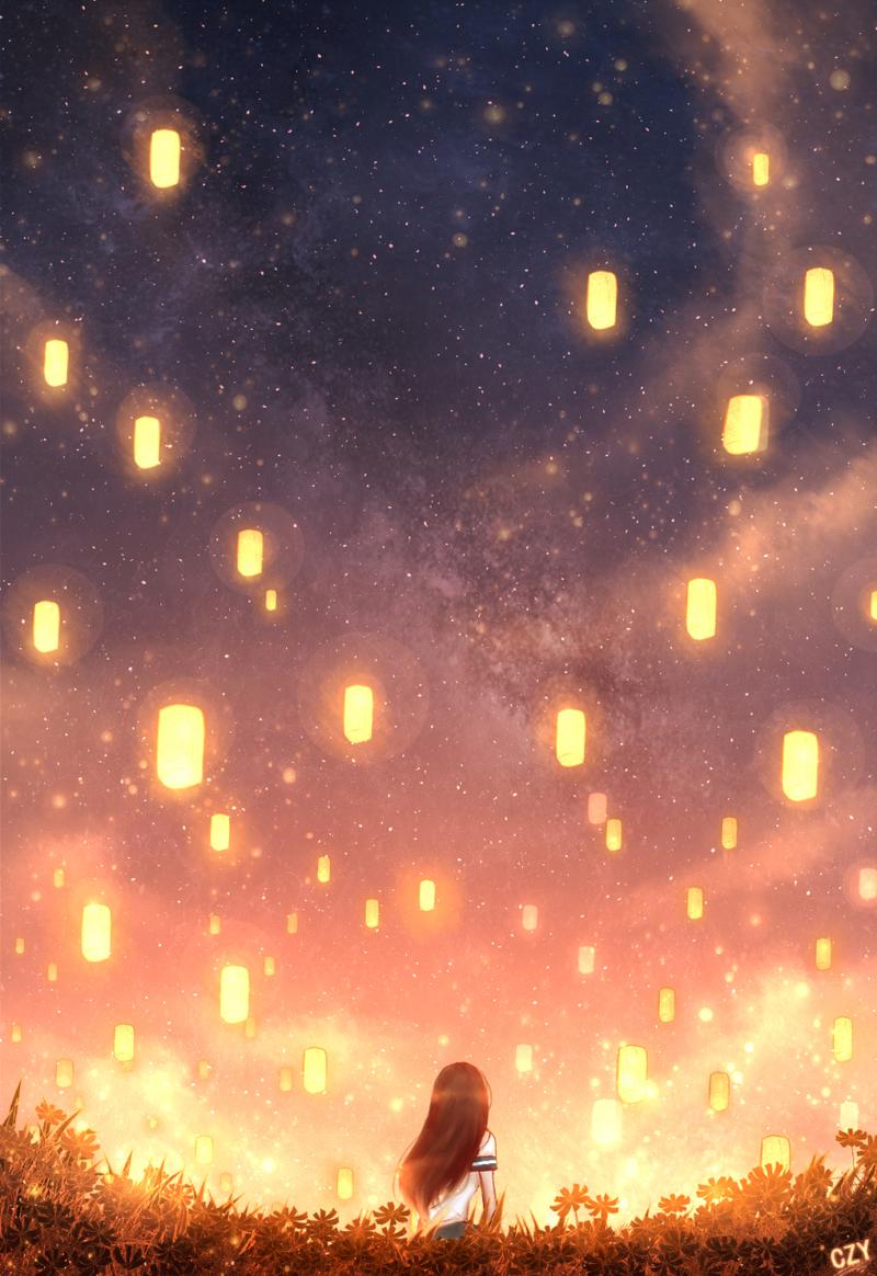 p站动漫画师与画作# #二次元美图#  孔明灯与女孩 画师: czy  pid