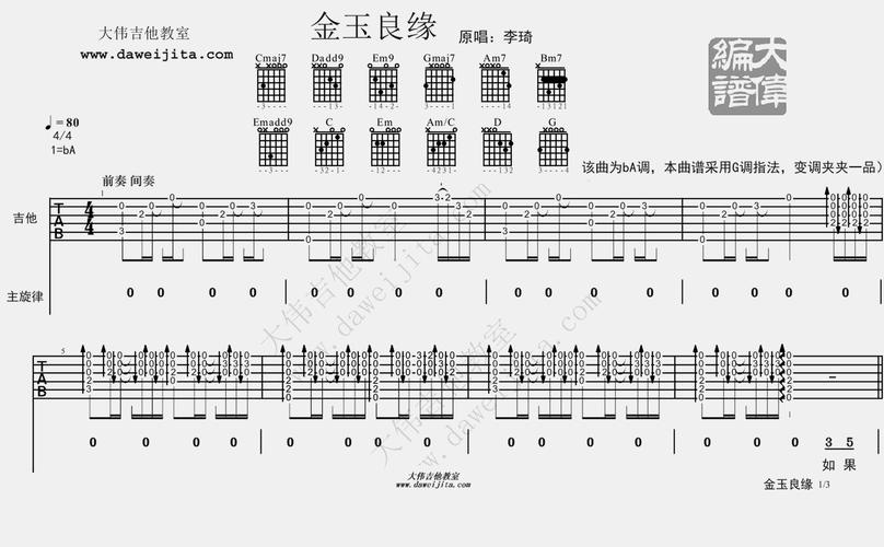 大伟ba调版李琦金玉良缘吉他弹唱六线谱
