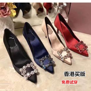婚纱高跟鞋2018新款rv女鞋水钻方扣单鞋绸缎礼服伴娘新娘红色婚鞋