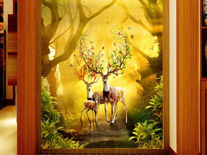 招财鹿家庭鹿玄关背景墙(图片编号:17479731)_油画