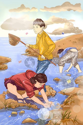 插画 情感表达 儿时记忆在夕阳下的小溪边抓鱼摸虾.