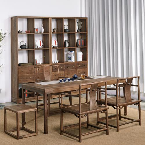 玄木禅意茶桌老榆木新中式茶桌椅组合黑胡桃木茶室家具实木餐桌椅