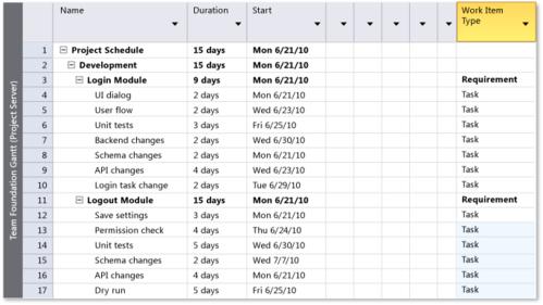 details in an enterprise project plan mapped to a team project