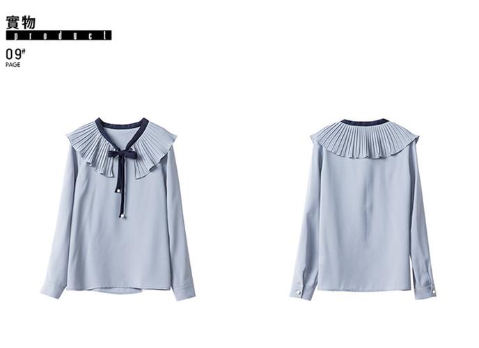 蓝灰色百褶荷叶领撞色系带雪纺上衣