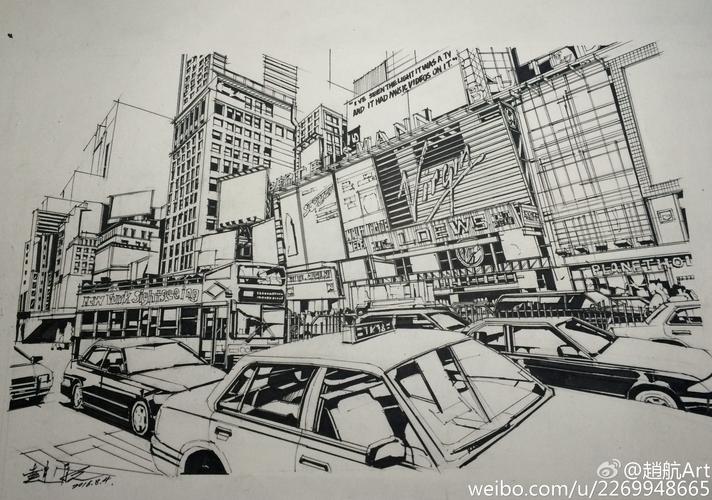 赵航马克笔街景绘画作品