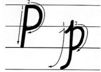 书写顺序:竖,半圆 每个字母都应稍向右倾斜,约为5° 大写字母p都占