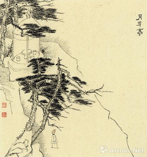 金心明 月牙亭 水墨纸本 22.5cm&times;24