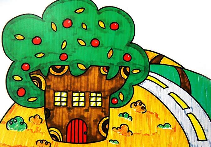 儿童画画作品:树房子