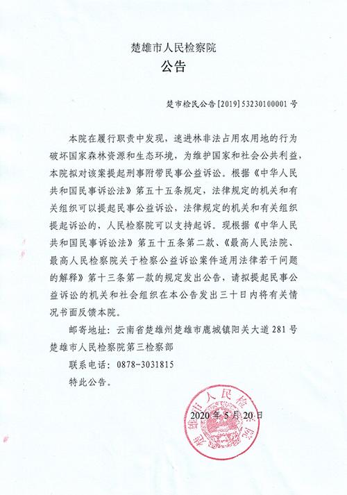 楚雄市人民检察院对速进林提起刑事附带民事公益诉讼的公告