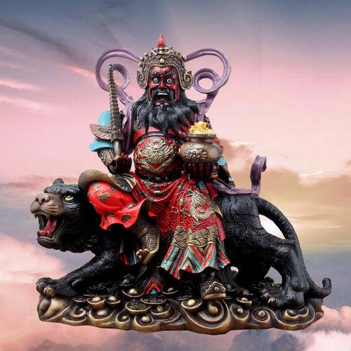 纯铜赵公明神像五路财神武财神骑虎像赵元帅黑脸正财神爷黄铜摆件