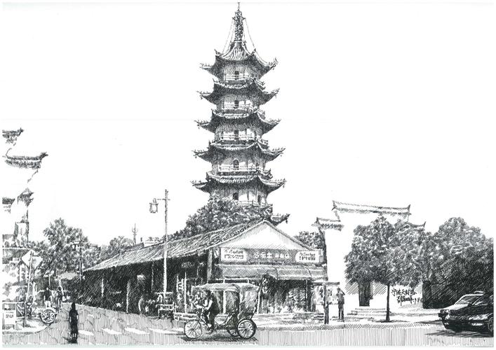 风景类钢笔画《宁波天封塔》2019.8
