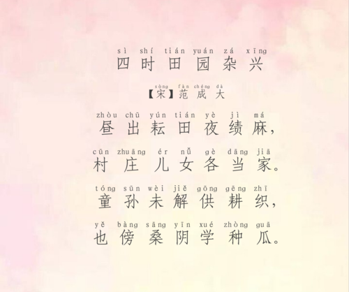 古诗62 四时田园杂兴 【宋】范成大 昼出耘田夜绩麻, 村庄儿女各当家.