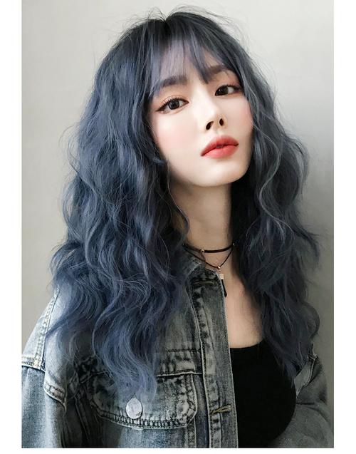 时尚网红同款大波浪羊毛卷齐刘海短发雾霾蓝自然长卷发套女一件发 冷