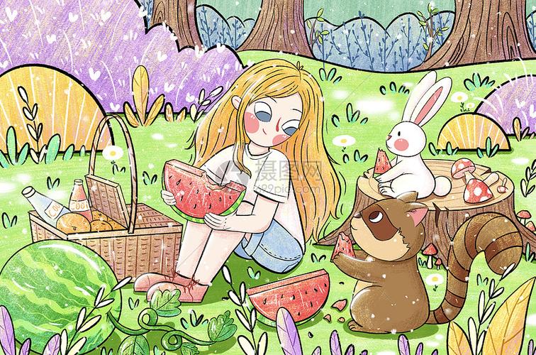 夏天西瓜野餐插画图片下载-正版图片401749681-摄图网