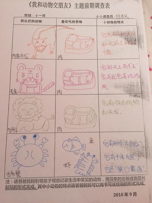 我们的第一份幼儿园小班作业——动物调查表.