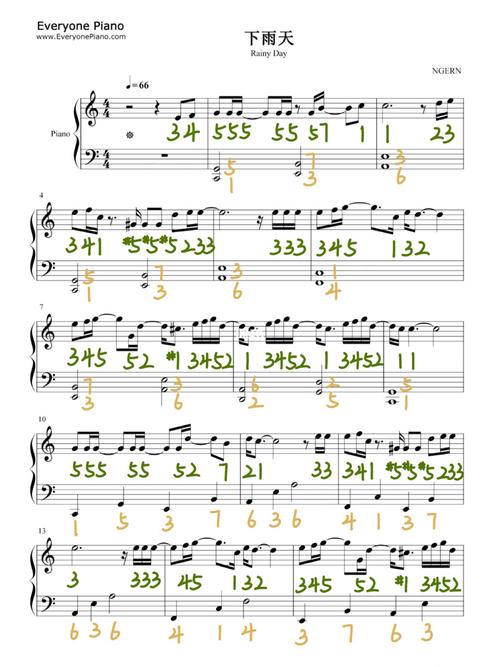 南拳妈妈《下雨天》钢琴谱(附双手简谱)～_简谱_钢琴谱_钢琴_钢琴双手