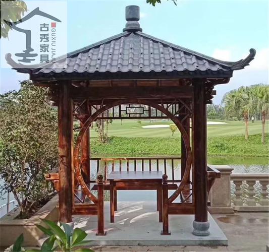 古秀供应树脂瓦木质凉亭户外仿古木亭子六角防腐木亭子价格