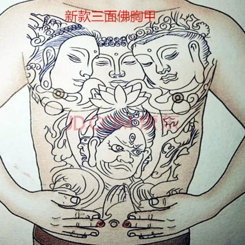 刺青色线条三面佛纹身贴 胸前大图防水满背 女三面佛明王割线 一张