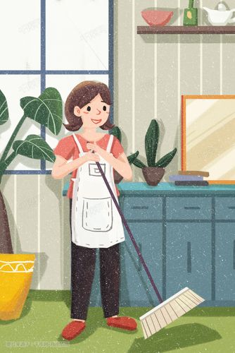 51劳动节少女打扫卫生大扫除室内家庭插画