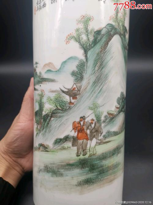 民国名家肖莲溪绘青绿山水帽筒