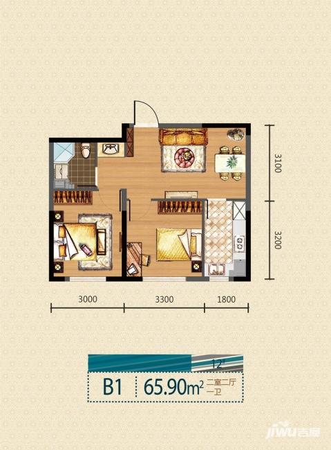 新湖青蓝国际户型图 b1两室两厅一卫 65.9㎡