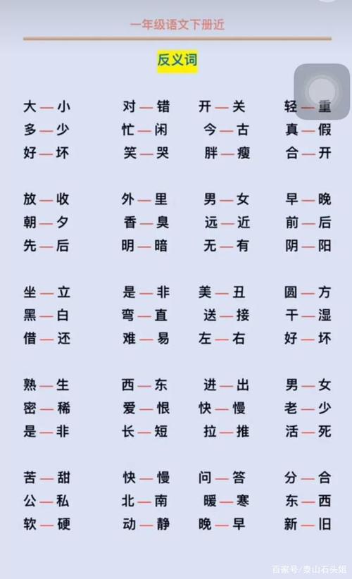 一年级语文下册近义词和反义词汇总,期末复习考试专用