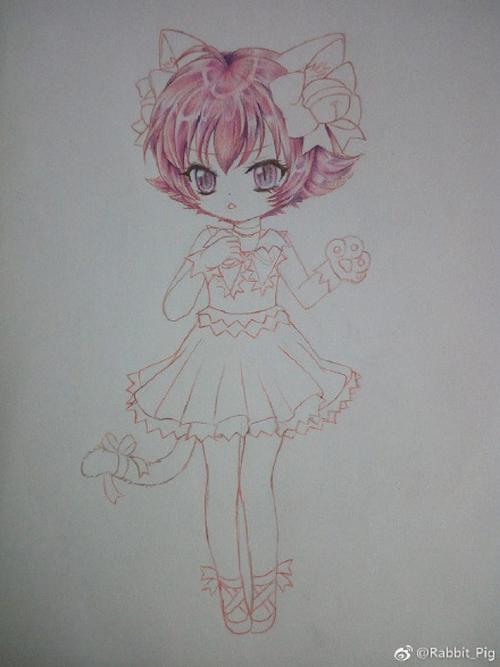 超萌可爱的猫娘彩铅画手绘教程图片 可爱的萌妹子猫咪装扮彩铅画法
