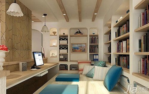 地中海风格的多功能小书房装修设计效果图,整个房间的地面全部铺上
