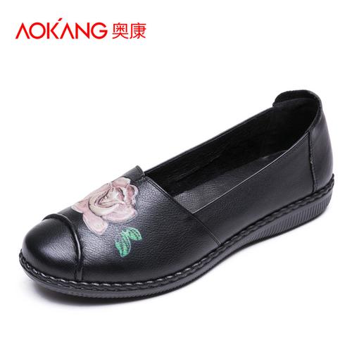 奥康女鞋舒适软底妈妈鞋平底防滑单鞋皮鞋女视频