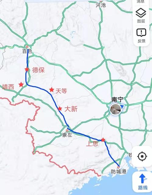 左右提出的由防城港引出经过上思,崇左,大新,天等,靖西,德保到过百色