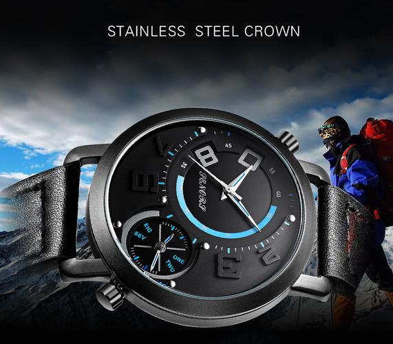 休闲皮带男士运动手表商务时装表防水双表盘男表石英礼品表外贸货