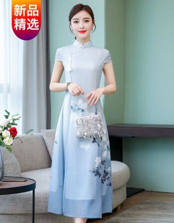 版连衣裙中国风汉元素唐装茶服文艺旗袍裙夏季仙气女裙蓝色m100斤以下