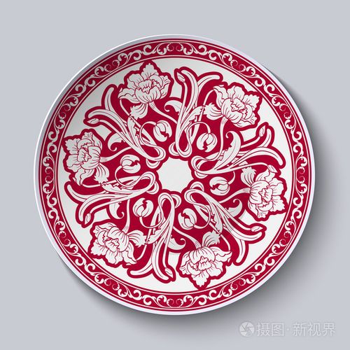 圆形不寻常的红色花卉图案. 中国传统瓷器