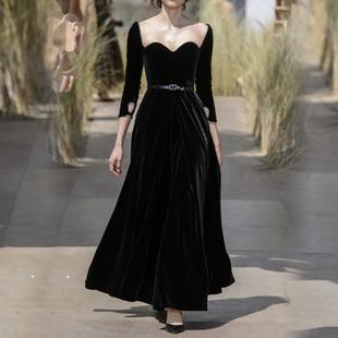黑色礼服2021新款气质长裙高贵优雅天鹅绒连衣裙收腰复古大方时尚